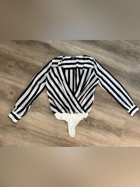bebe Black and White Striped Bodysuit